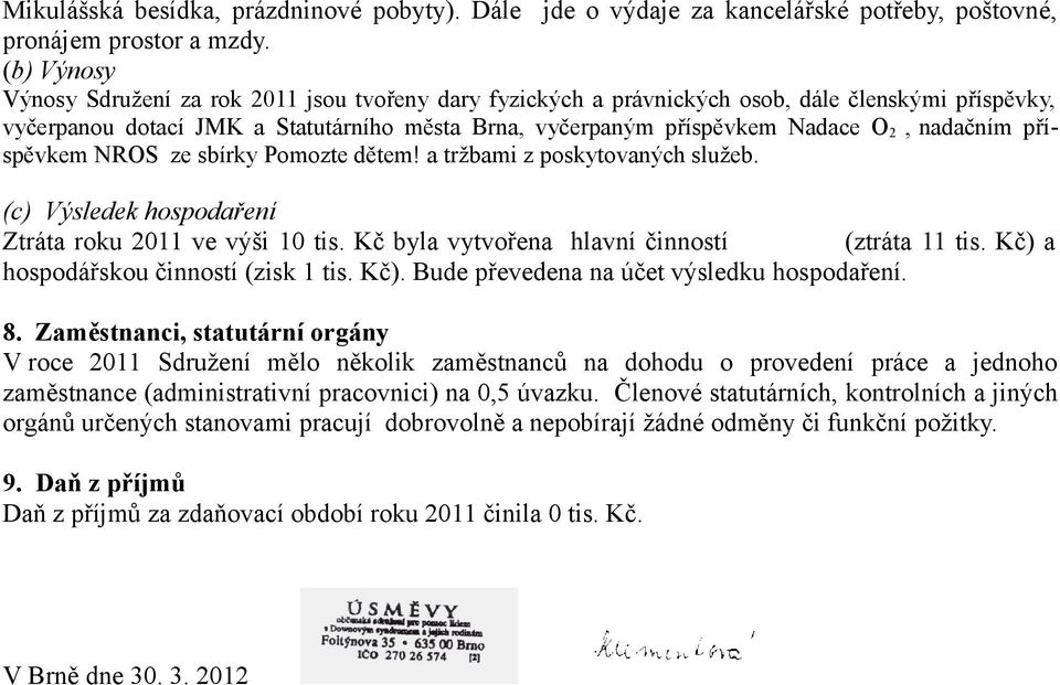 nadačním příspěvkem NROS ze sbírky Pomozte dětem! a tržbami z poskytovaných služeb. (c) Výsledek hospodaření Ztráta roku 2011 ve výši 10 tis. Kč byla vytvořena hlavní činností (ztráta 11 tis.