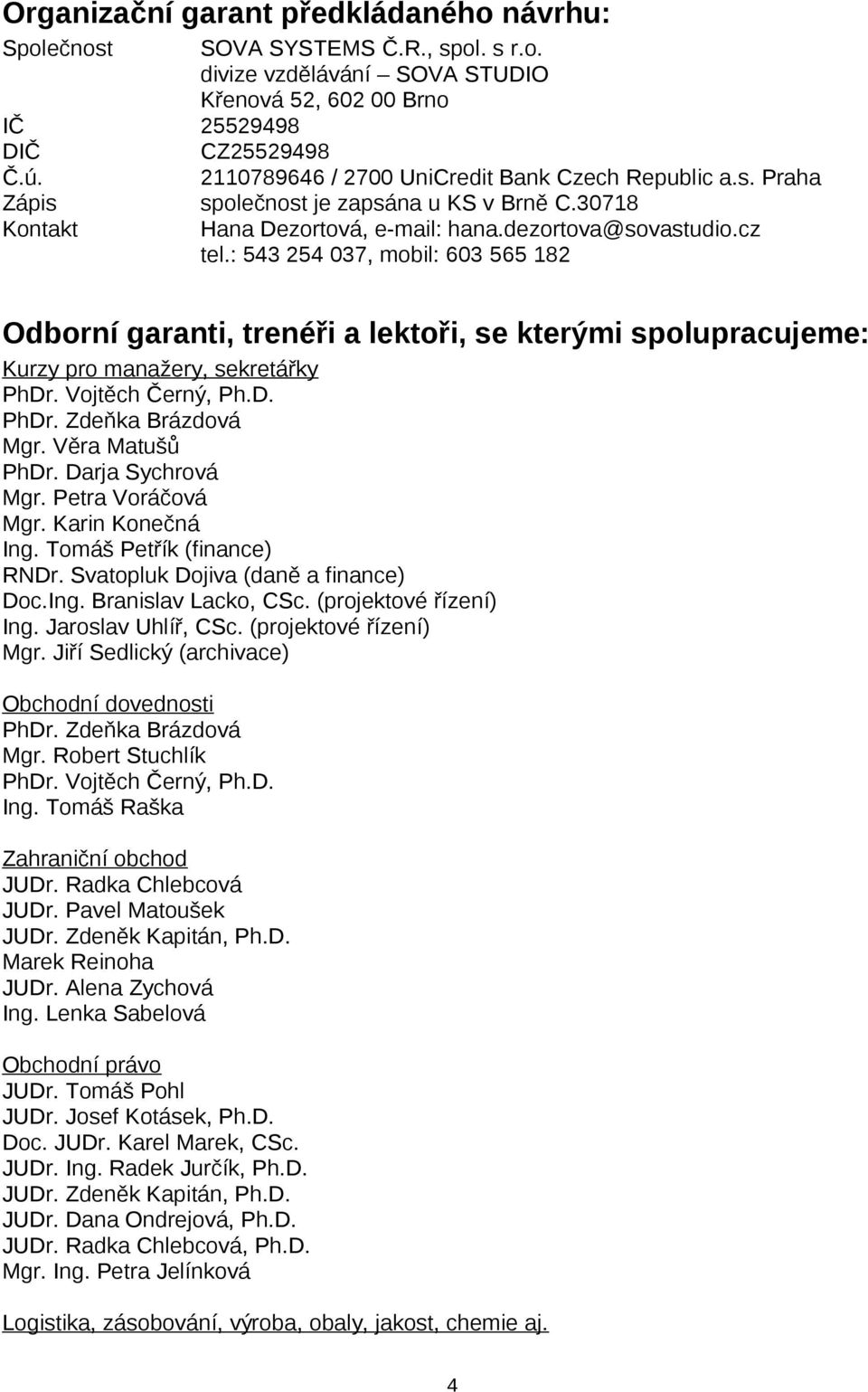 : 543 254 037, mobil: 603 565 182 Odborní garanti, trenéři a lektoři, se kterými spolupracujeme: Kurzy pro manažery, sekretářky PhDr. Vojtěch Černý, Ph.D. PhDr. Zdeňka Brázdová Mgr. Věra Matušů PhDr.