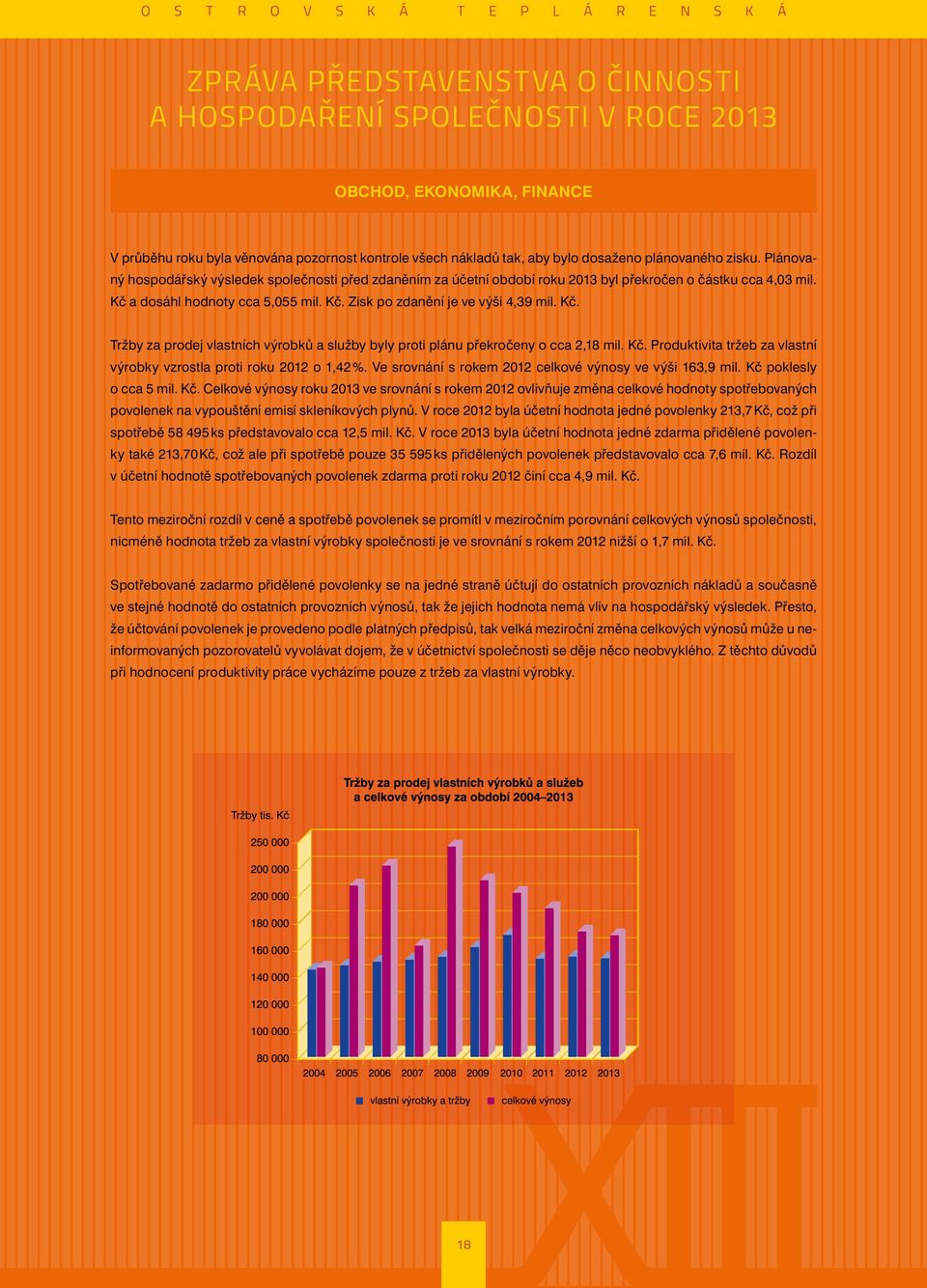 Kč. Tržby za prodej vlastních výrobků a služby byly proti plánu překročeny o cca 2,18 mil. Kč. Produktivita tržeb za vlastní výrobky vzrostla proti roku 2012 o 1,42 %.