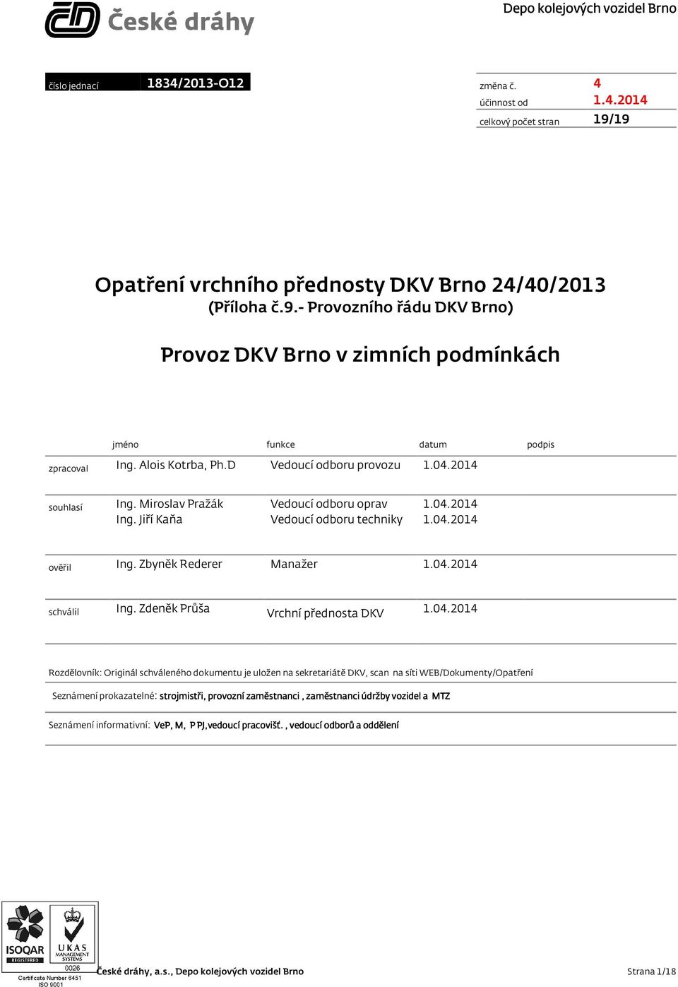 D Vedoucí odboru provozu 1.04.2014 souhlasí Ing. Miroslav Pražák Ing. Jiří Kaňa Vedoucí odboru oprav Vedoucí odboru techniky 1.04.2014 1.04.2014 ověřil Ing. Zbyněk Rederer Manažer 1.04.2014 schválil Ing.