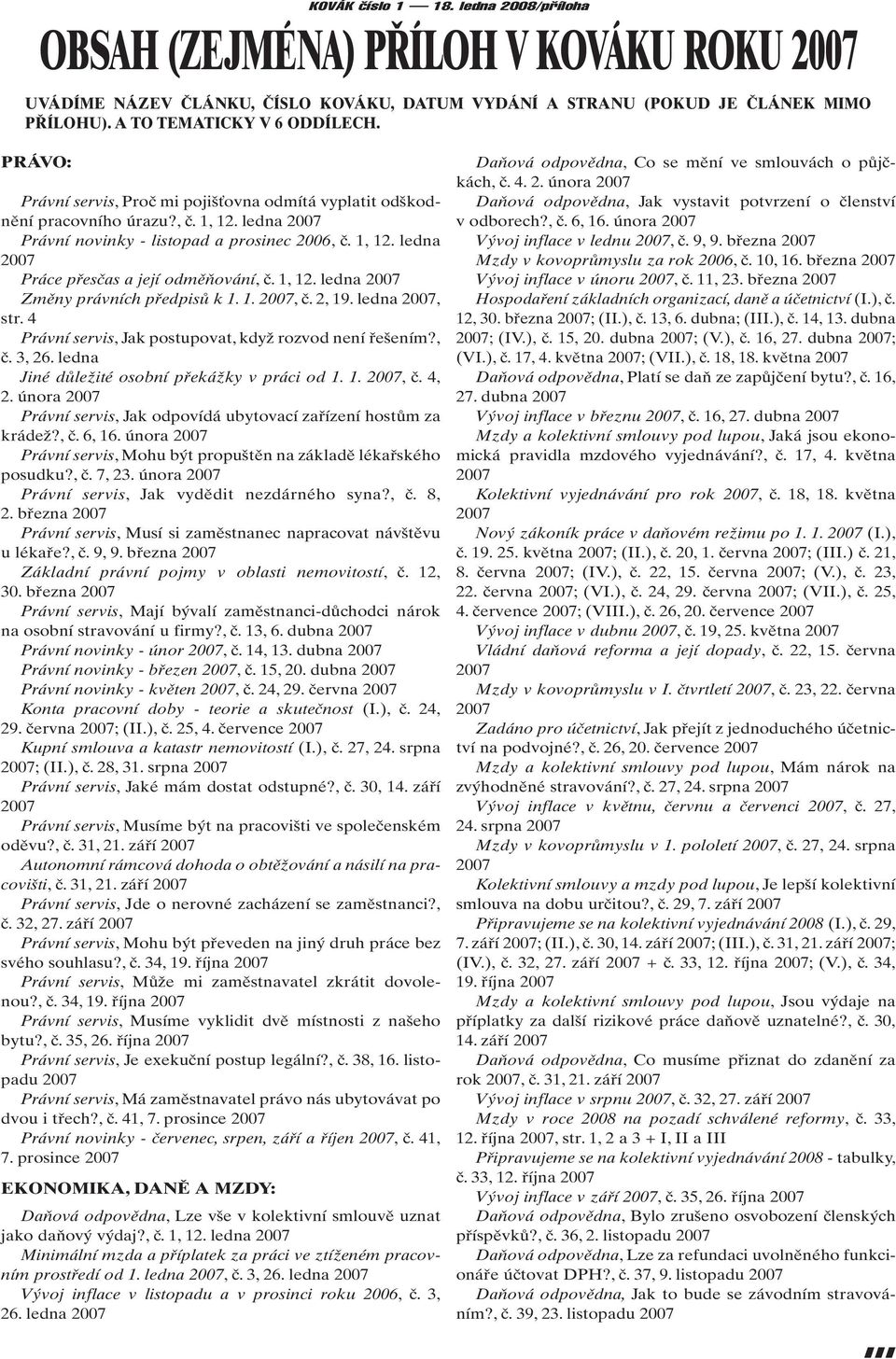 1, 12. ledna Změny právních předpisů k 1. 1., č. 2, 19. ledna, str. 4 Právní servis, Jak postupovat, když rozvod není řešením?, č. 3, 26. ledna Jiné důležité osobní překážky v práci od 1. 1., č.4, 2.