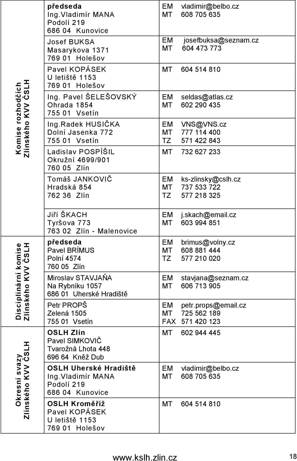 cz MT 608 705 635 EM josefbuksa@seznam.cz MT 604 473 773 MT 604 514 810 EM seldas@atlas.cz MT 602 290 435 EM VNS@VNS.cz MT 777 114 400 TZ 571 422 843 MT 732 627 233 EM ks-zlinsky@cslh.