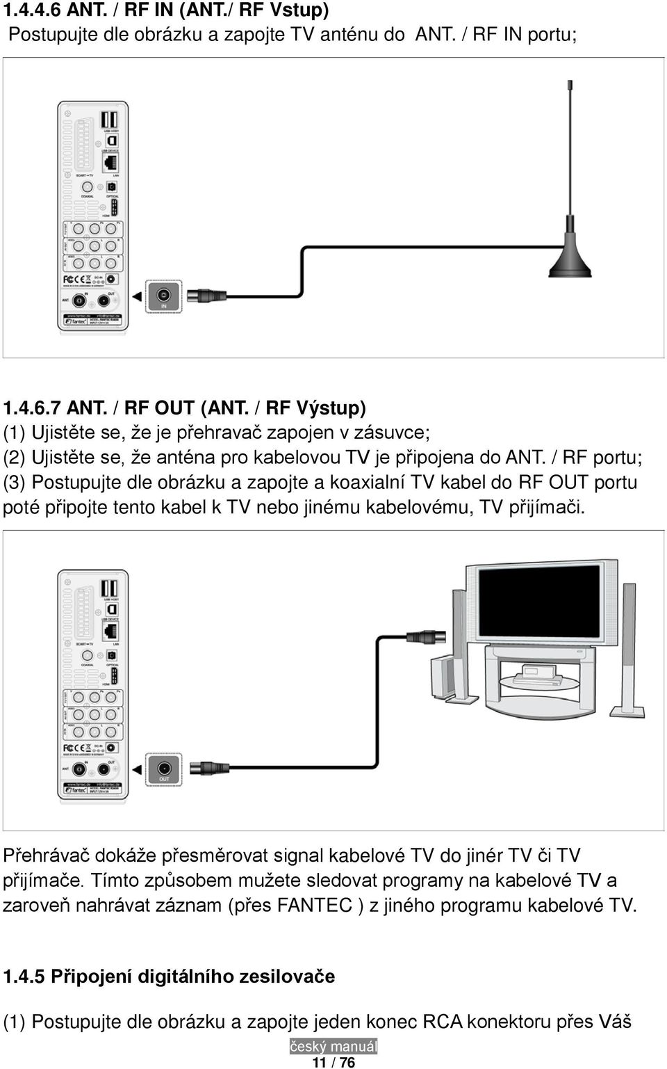 / RF portu; (3) Postupujte dle obrázku a zapojte a koaxialní TV kabel do RF OUT portu poté připojte tento kabel k TV nebo jinému kabelovému, TV přijímači.
