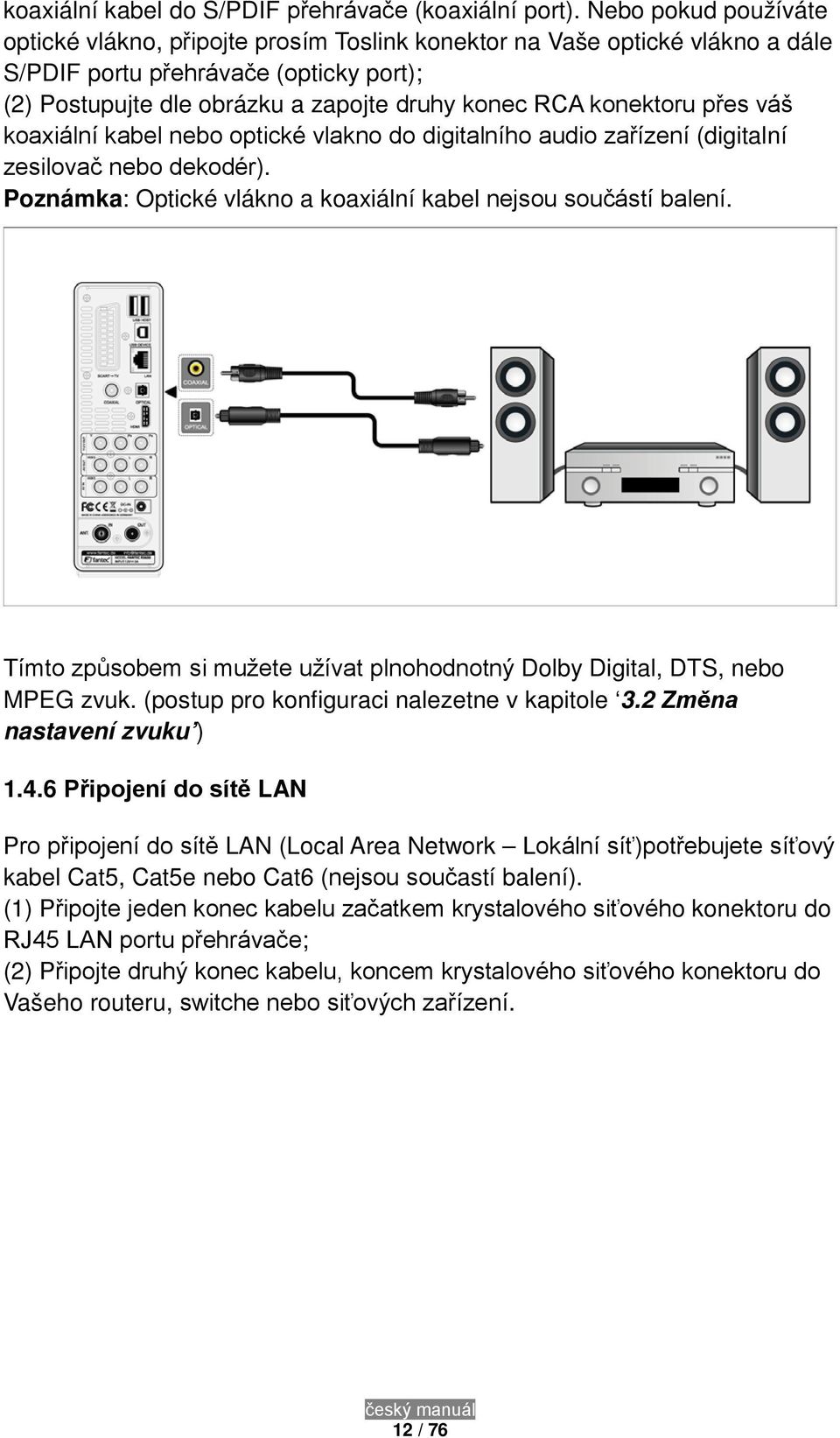 konektoru přes váš koaxiální kabel nebo optické vlakno do digitalního audio zařízení (digitalní zesilovač nebo dekodér). Poznámka: Optické vlákno a koaxiální kabel nejsou součástí balení.