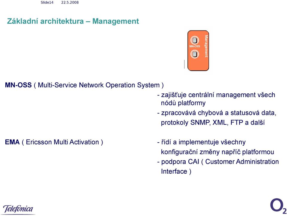 protokoly SNMP, XML, FTP a další EMA ( Ericsson Multi Activation ) - řídí a implementuje