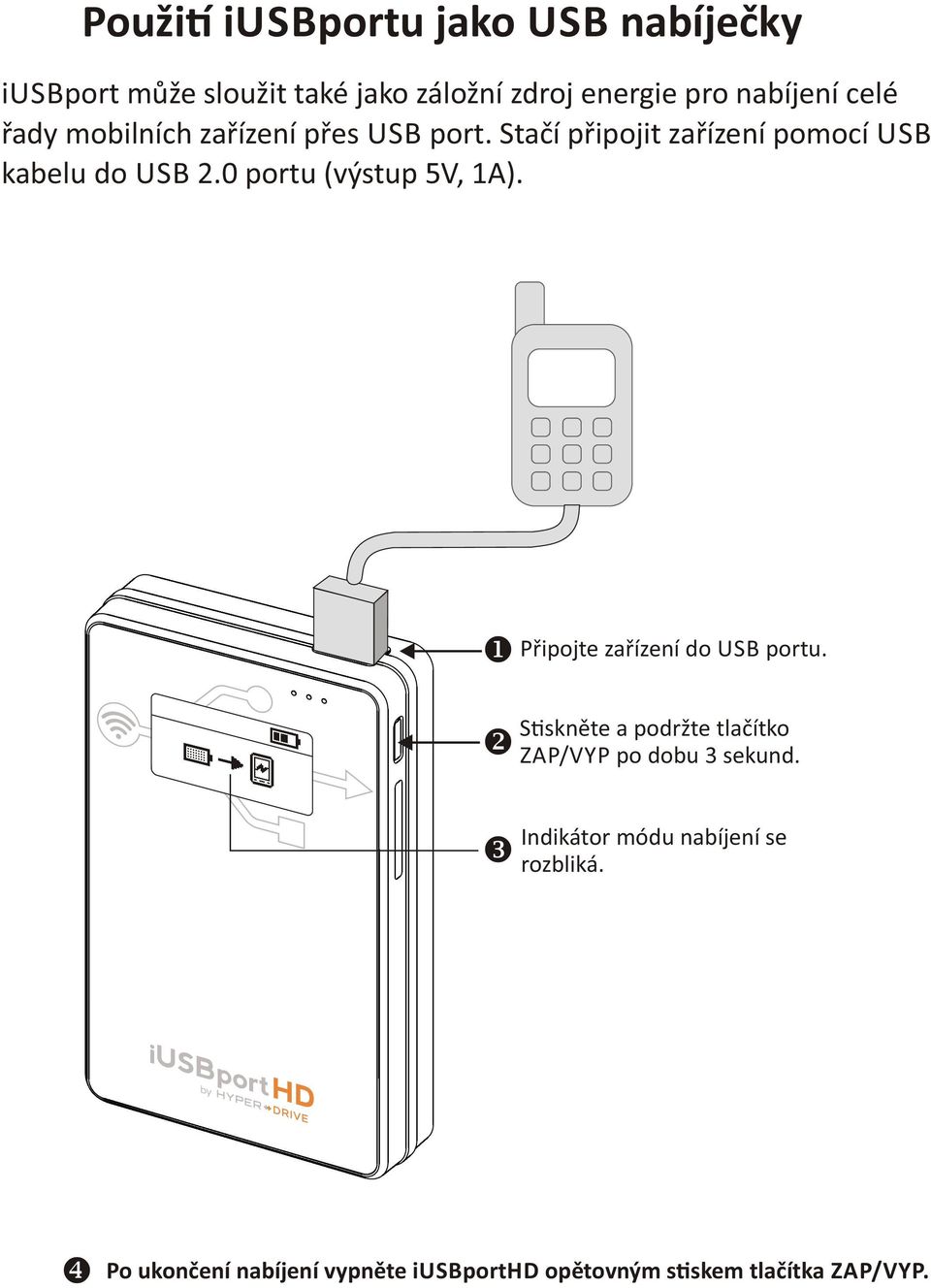 0 portu (výstup 5V, 1A). Připojte zařízení do USB portu.