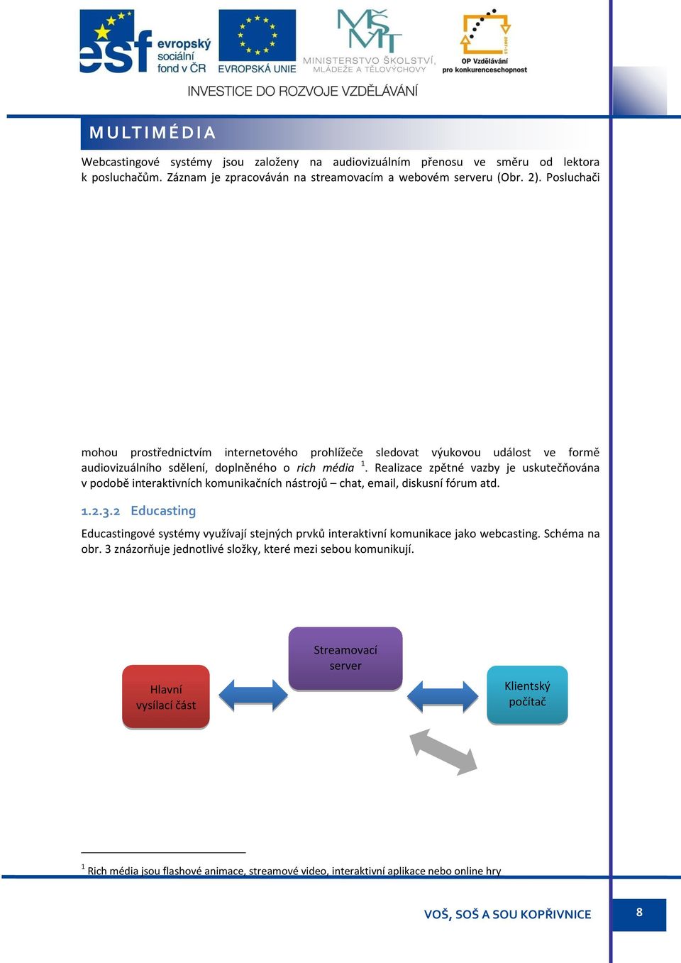 výukovou událost ve formě audiovizuálního sdělení, doplněného o rich média 1. Realizace zpětné vazby je uskutečňována v podobě interaktivních komunikačních nástrojů chat, email, diskusní fórum atd. 1.2.