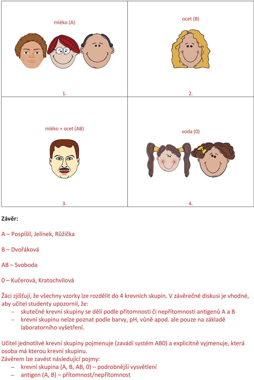 V závěrečné diskusi je vhodné, aby učitel studenty upozornil, že: skutečné krevní skupiny se dělí podle přítomnosti či nepřítomnosti antigenů A a B krevní skupinu nelze poznat