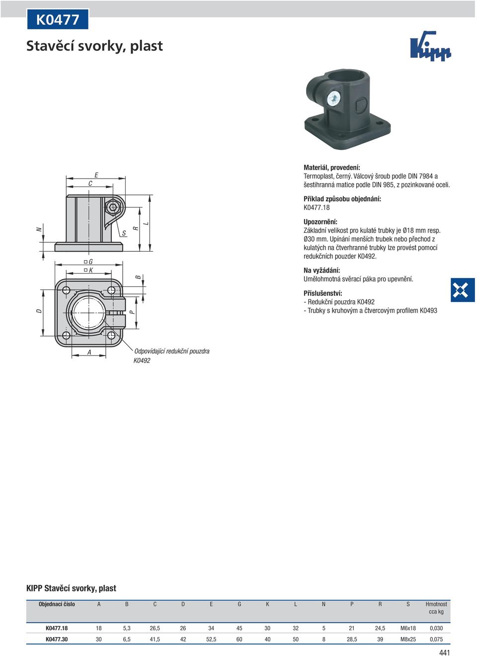 Upínání menších trubek nebo přechod z kulatých na čtverhranné trubky lze provést pomocí redukčních pouzder K0492. Umělohmotná svěrací páka pro upevnění.