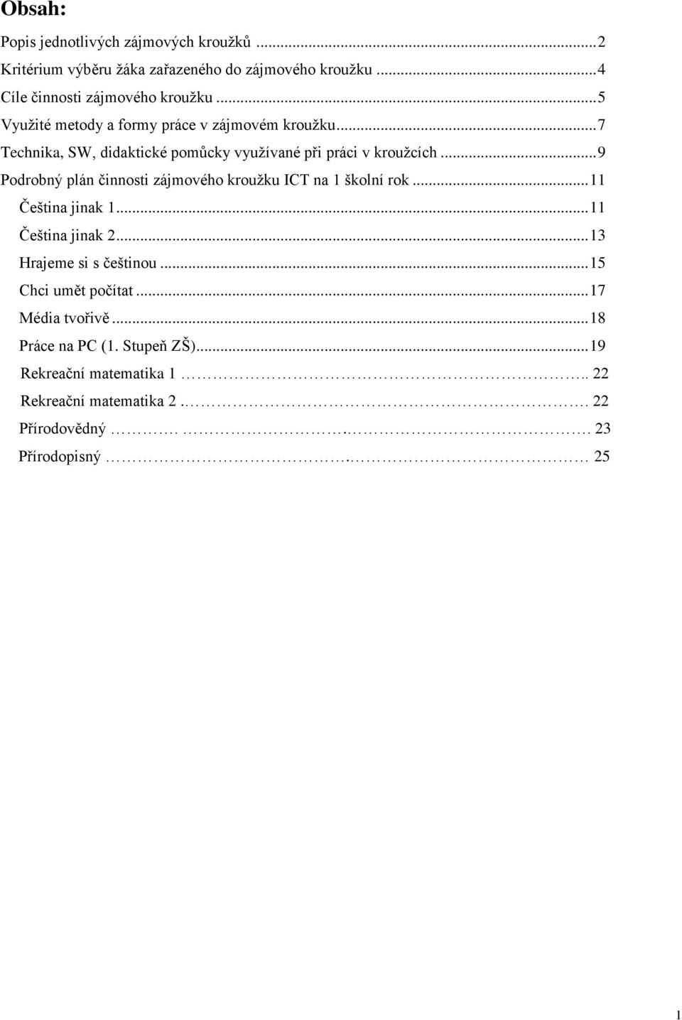 .. 9 Podrobný plán činnosti zájmového kroužku ICT na 1 školní rok... 11 Čeština jinak 1... 11 Čeština jinak 2... 13 Hrajeme si s češtinou.