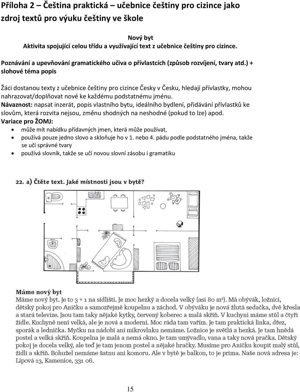 ) + slohové téma popis Žáci dostanou texty z učebnice češtiny pro cizince Česky v Česku, hledají přívlastky, mohou nahrazovat/doplňovat nové ke každému podstatnému jménu.