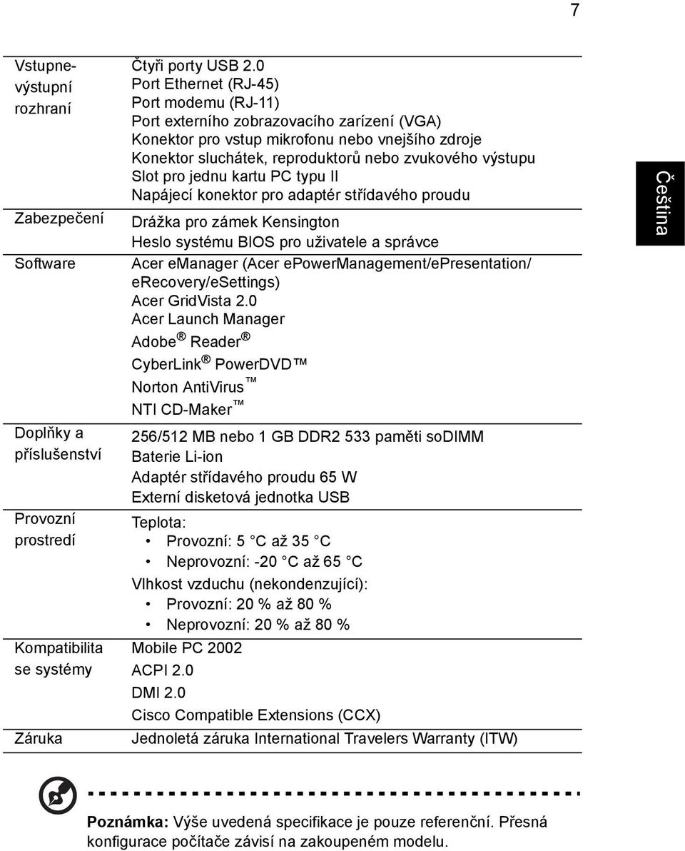 pro jednu kartu PC typu II Napájecí konektor pro adaptér střídavého proudu Drážka pro zámek Kensington Heslo systému BIOS pro uživatele a správce Acer emanager (Acer epowermanagement/epresentation/