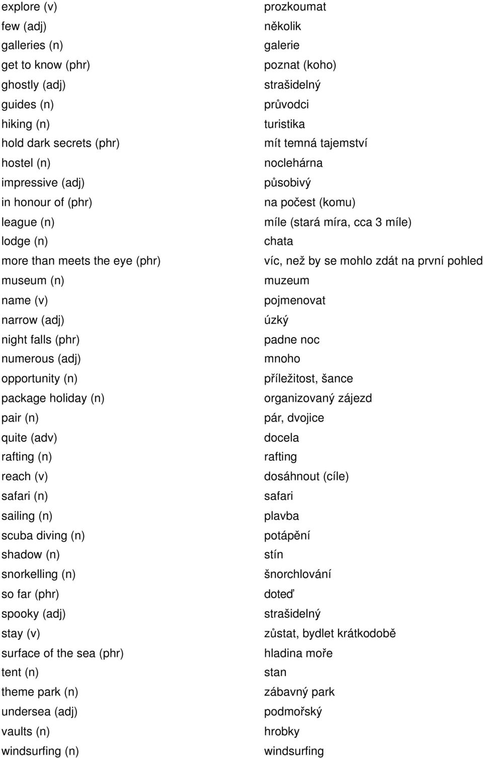 shadow (n) snorkelling (n) so far (phr) spooky (adj) stay (v) surface of the sea (phr) tent (n) theme park (n) undersea (adj) vaults (n) windsurfing (n) prozkoumat několik galerie poznat (koho)