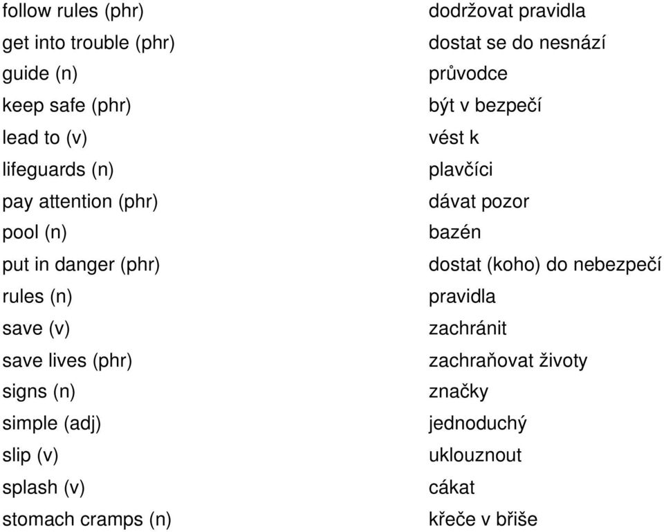 (v) stomach cramps (n) dodržovat pravidla dostat se do nesnází průvodce být v bezpečí vést k plavčíci dávat