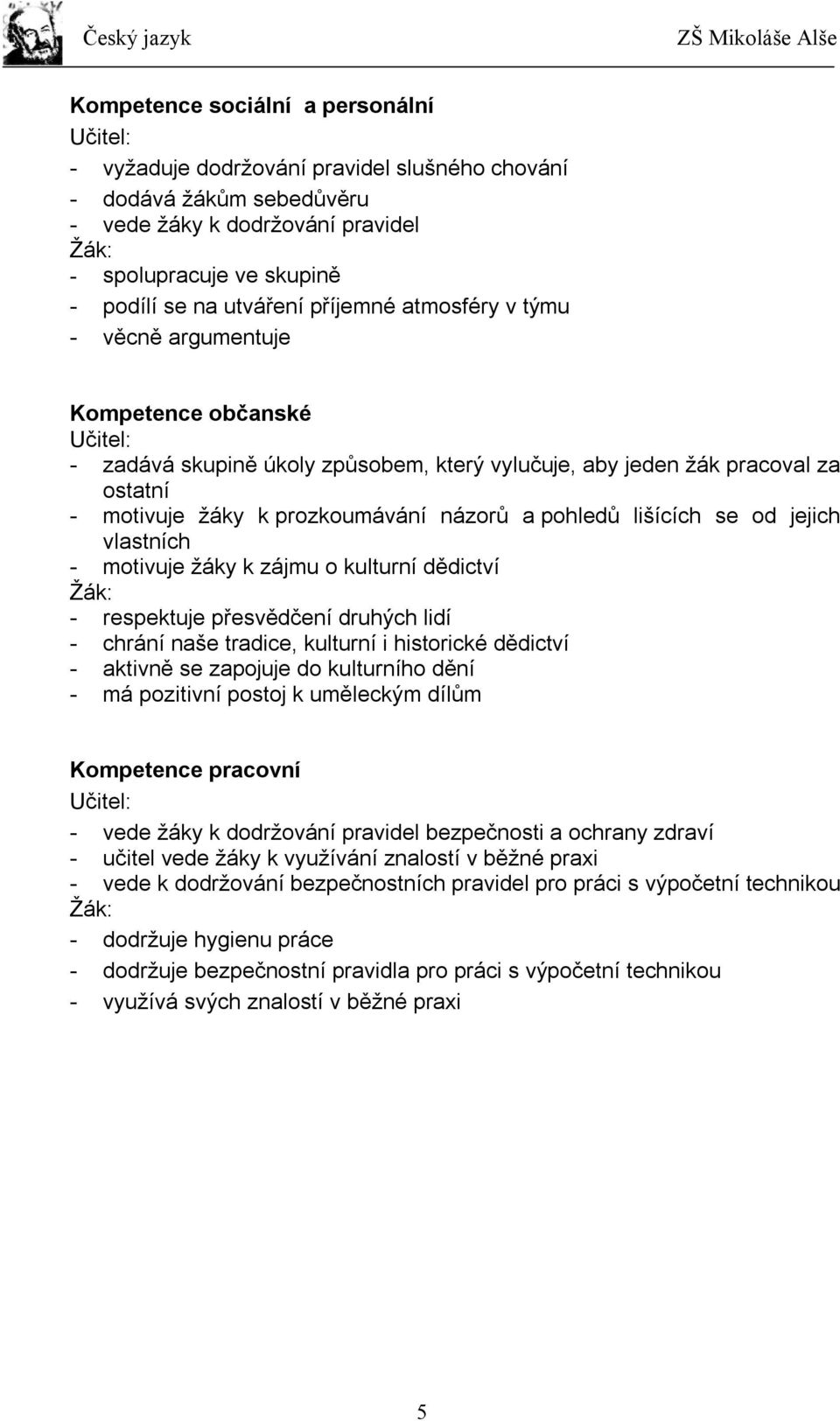 názorů a pohledů lišících se od jejich vlastních - motivuje žáky k zájmu o kulturní dědictví Žák: - respektuje přesvědčení druhých lidí - chrání naše tradice, kulturní i historické dědictví - aktivně