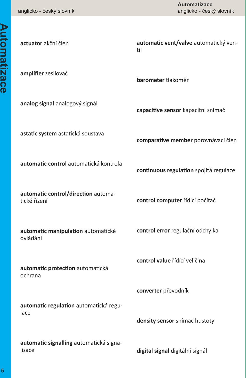 ochrana automatic regulation automatická regulace automatic signalling automatická signalizace capacitive sensor kapacitní snímač comparative member porovnávací člen continuous regulation