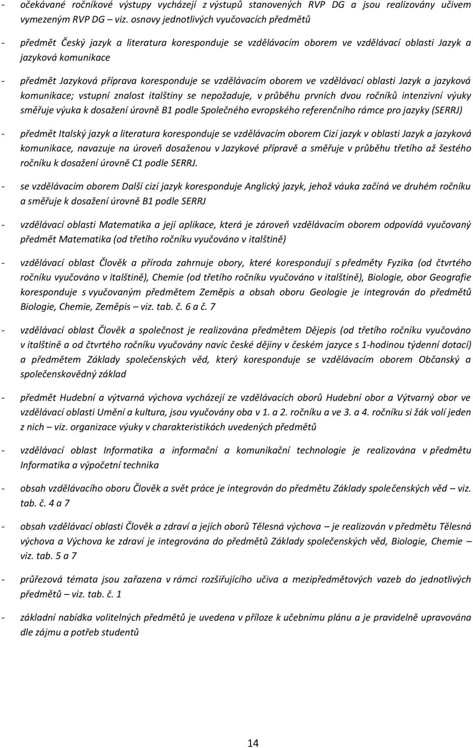 koresponduje se vzdělávacím oborem ve vzdělávací oblasti Jazyk a jazyková komunikace; vstupní znalost italštiny se nepožaduje, v průběhu prvních dvou ročníků intenzivní výuky směřuje výuka k dosažení