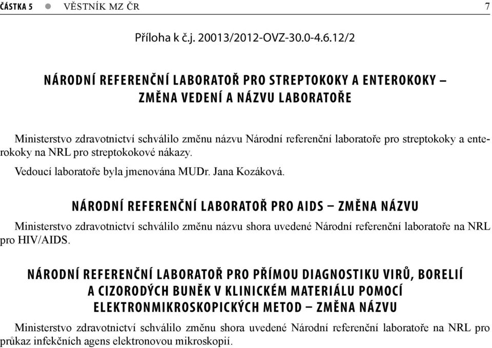 enterokoky na NRL pro streptokokové nákazy. Vedoucí laboratoře byla jmenována MUDr. Jana Kozáková.