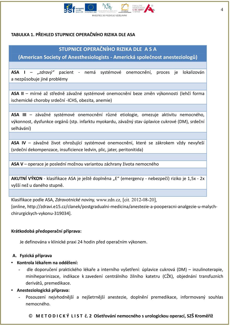 onemocnění, proces je lokalizován a nezpůsobuje jiné problémy ASA II mírné až středně závažné systémové onemocnění beze změn výkonnosti (lehčí forma ischemické choroby srdeční -ICHS, obezita, anemie)