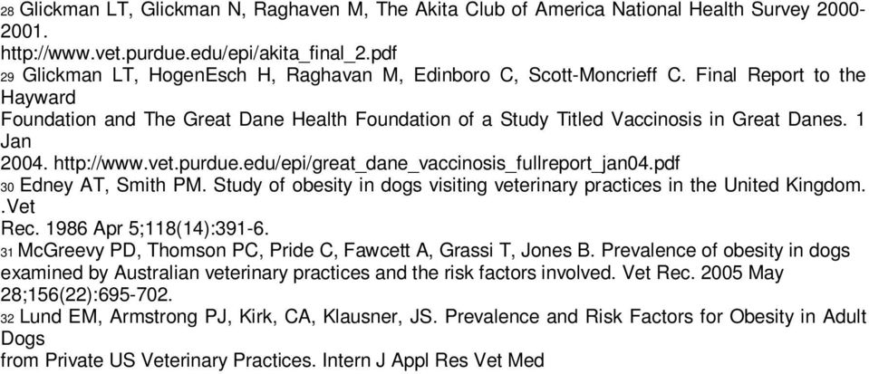 1 Jan 2004. http://www.vet.purdue.edu/epi/great_dane_vaccinosis_fullreport_jan04.pdf 30 Edney AT, Smith PM. Study of obesity in dogs visiting veterinary practices in the United Kingdom..Vet Rec.