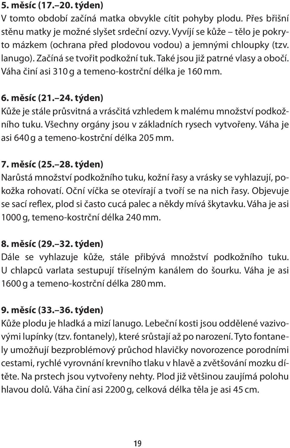 Váha činí asi 310 g a temeno-kostrční délka je 160 mm. 6. měsíc (21. 24. týden) Kůže je stále průsvitná a vrásčitá vzhledem k malému množství podkožního tuku.