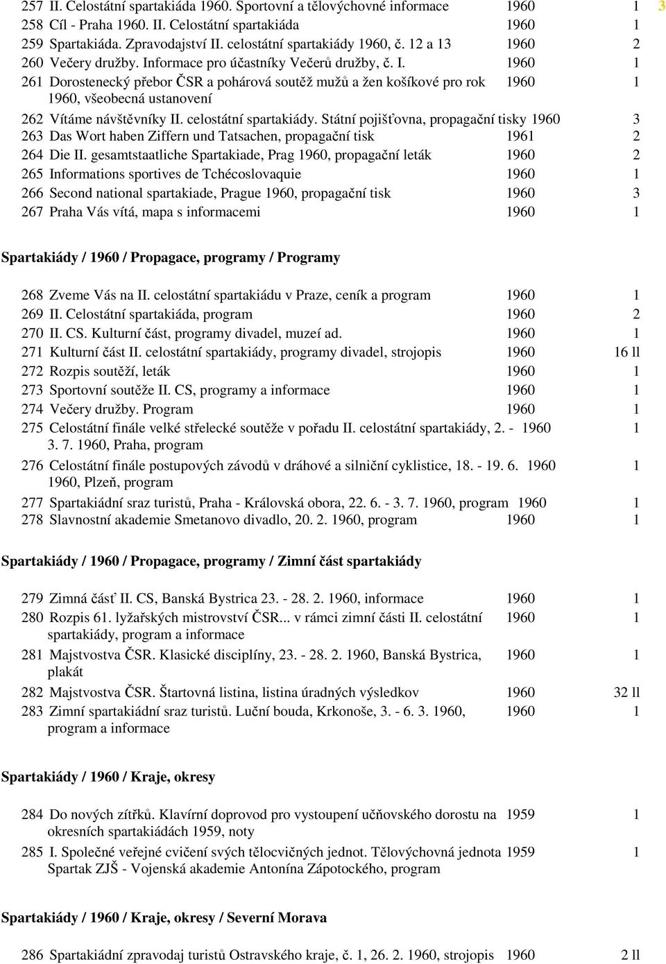 formace pro účastníky Večerů družby, č. I. 1960 1 261 Dorostenecký přebor ČSR a pohárová soutěž mužů a žen košíkové pro rok 1960 1 1960, všeobecná ustanovení 262 Vítáme návštěvníky II.