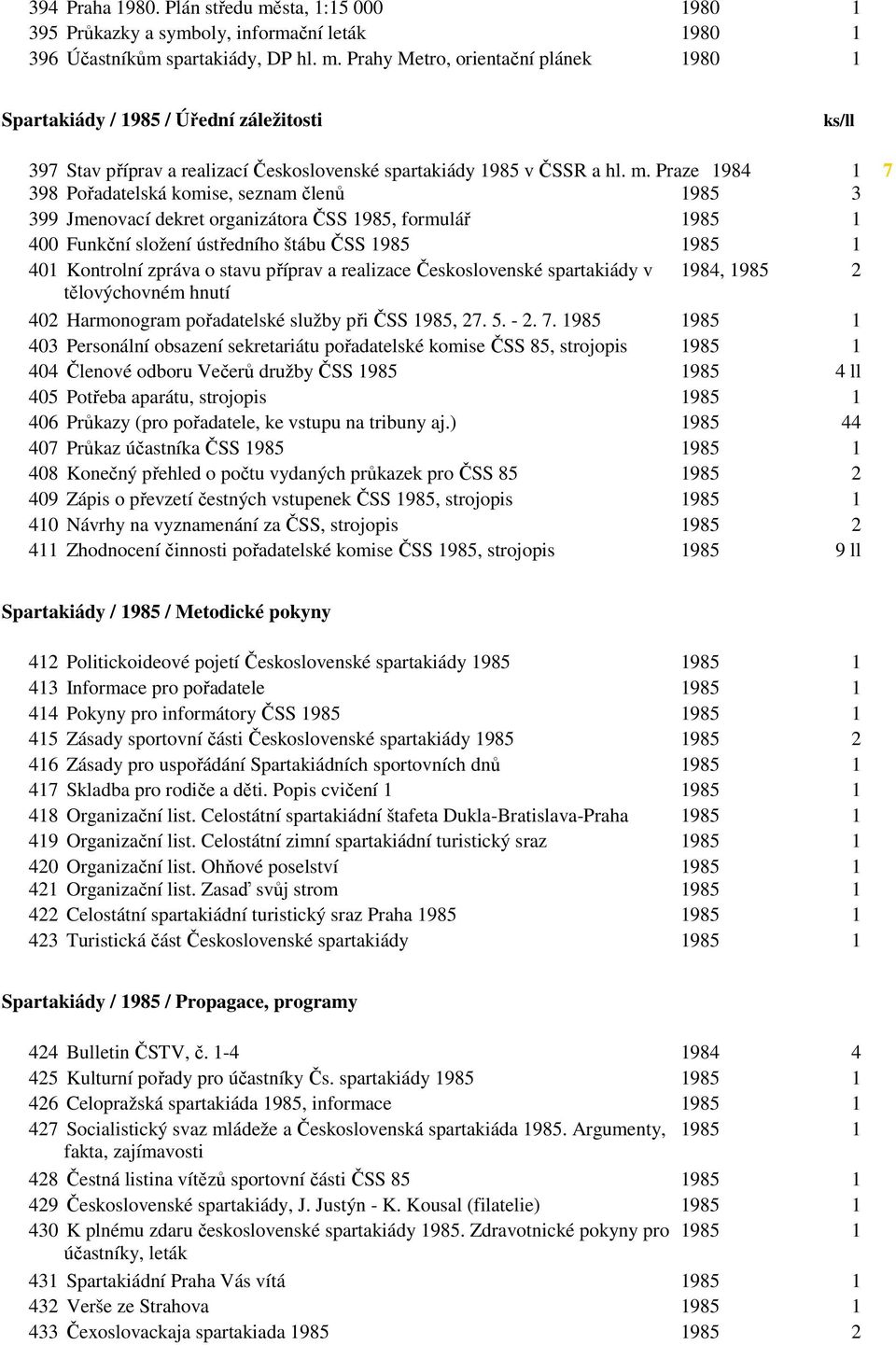 stavu příprav a realizace Československé spartakiády v 1984, 1985 2 tělovýchovném hnutí 402 Harmonogram pořadatelské služby při ČSS 1985, 27. 5. - 2. 7.