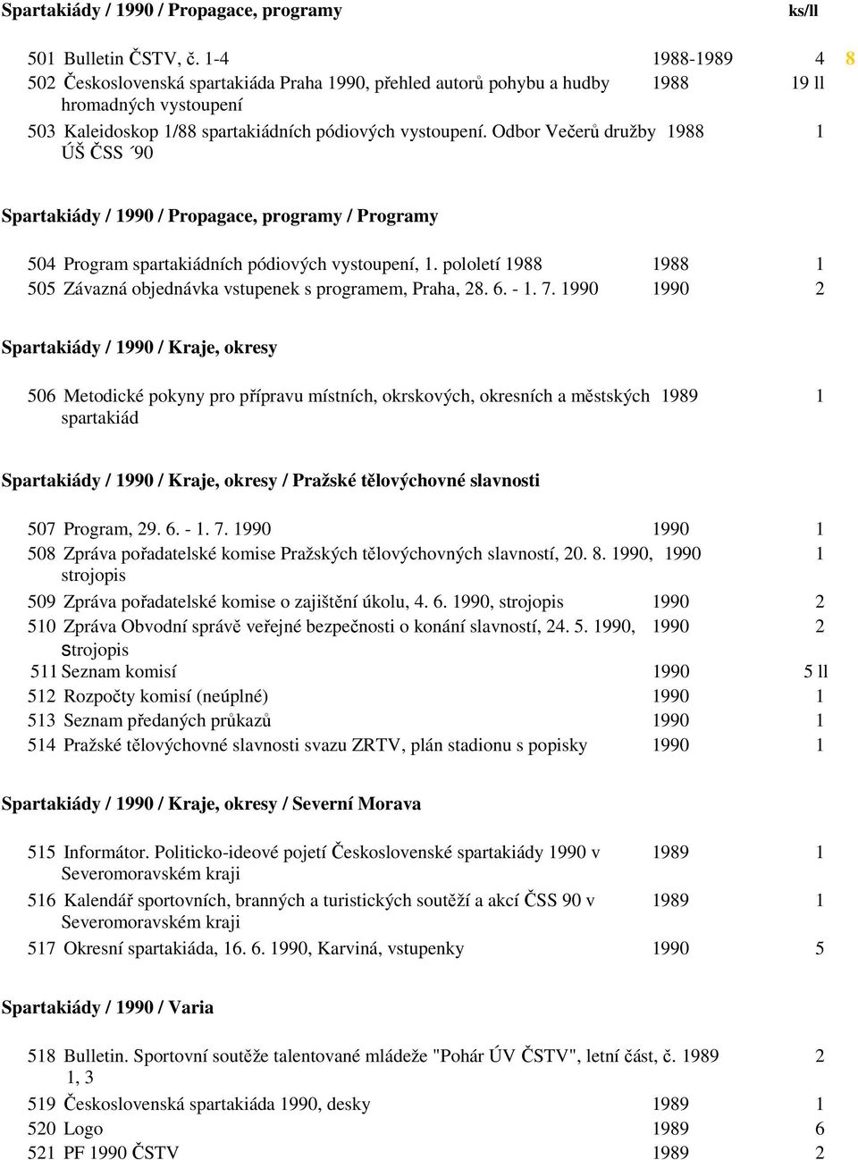 Odbor Večerů družby 1988 1 ÚŠ ČSS 90 Spartakiády / 1990 / Propagace, programy / Programy 504 Program spartakiádních pódiových vystoupení, 1.