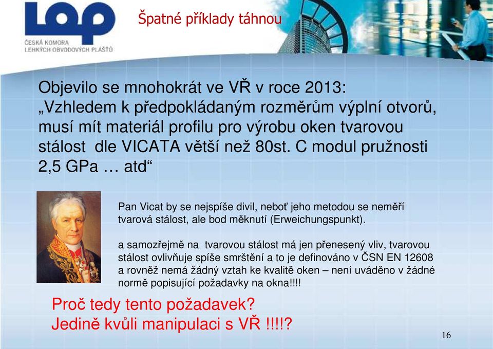 C modul pružnosti 2,5 GPa atd Pan Vicat by se nejspíše divil, neboť jeho metodou se neměří tvarová stálost, ale bod měknutí (Erweichungspunkt).