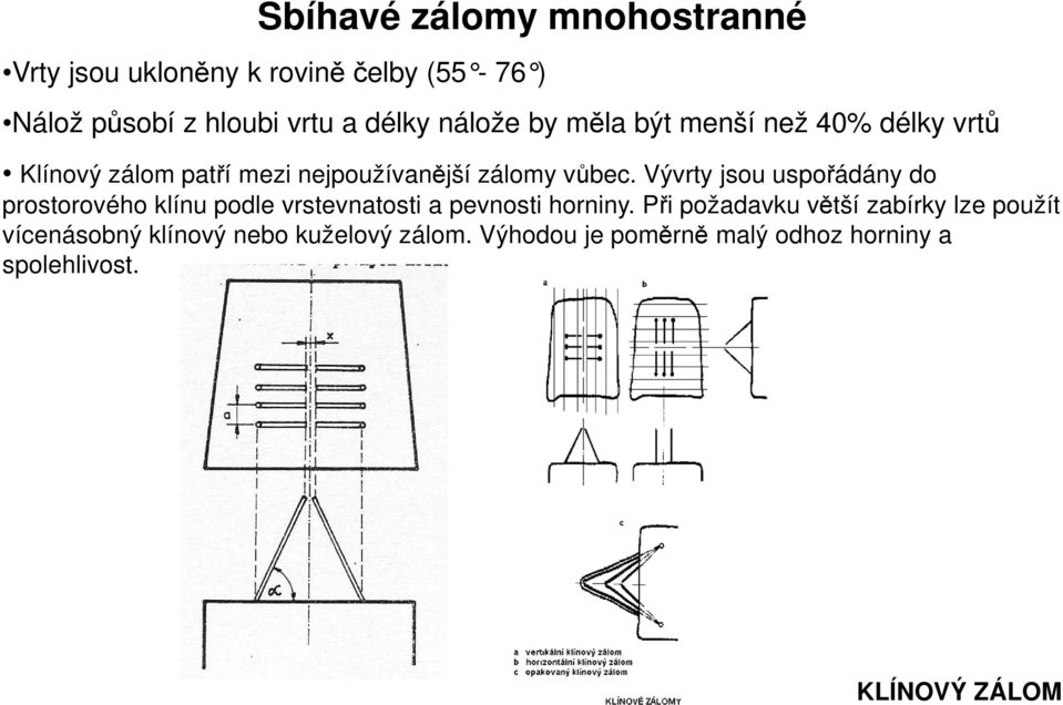 Vývrty jsou uspořádány do prostorového klínu podle vrstevnatosti a pevnosti horniny.