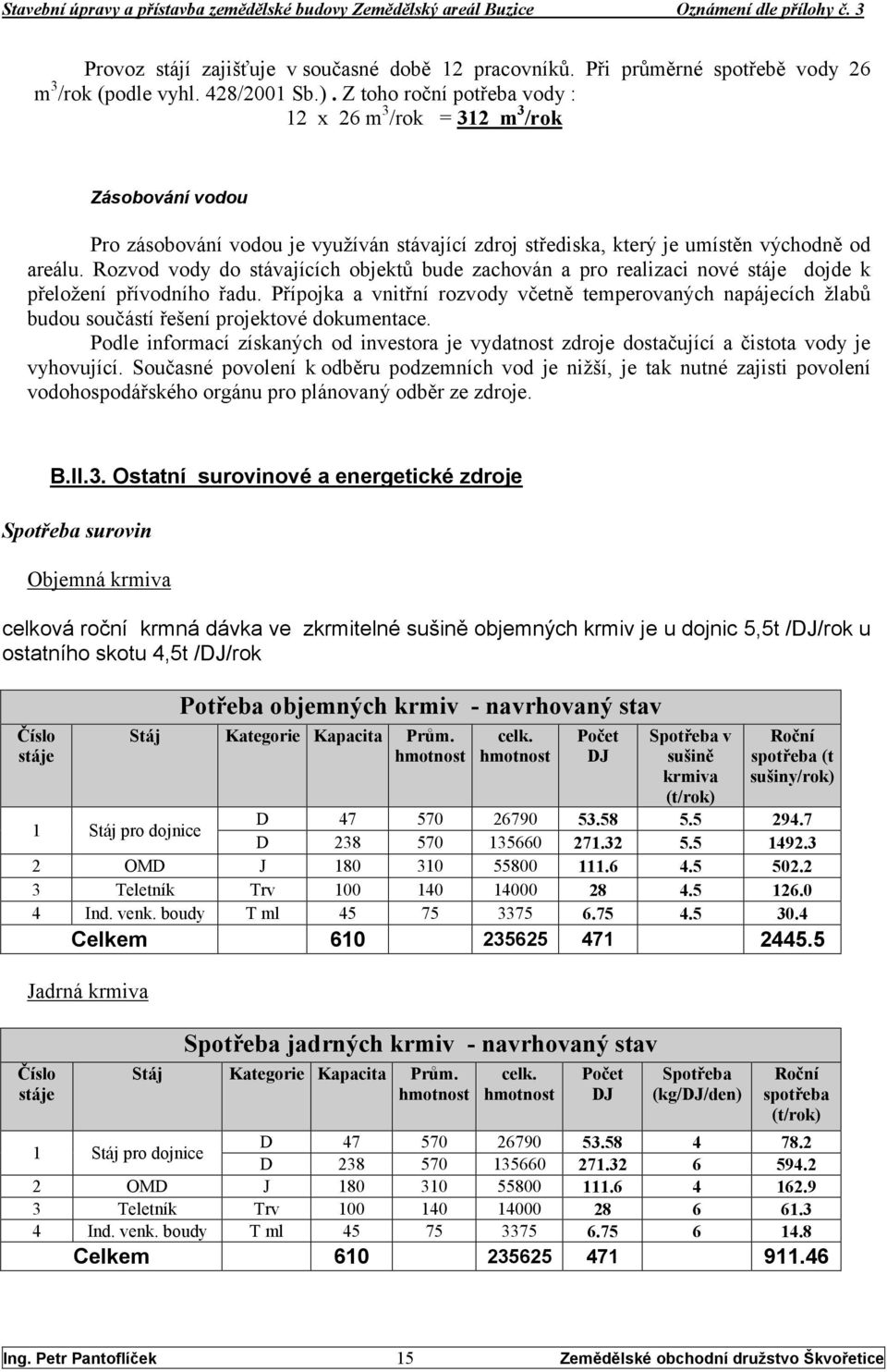 Rozvod vody do stávajících objektů bude zachován a pro realizaci nové stáje dojde k přeložení přívodního řadu.