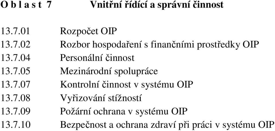 7.08 Vyřizování stížností 13.7.09 Požární ochrana v systému OIP 13.7.10 Bezpečnost a ochrana zdraví při práci v systému OIP