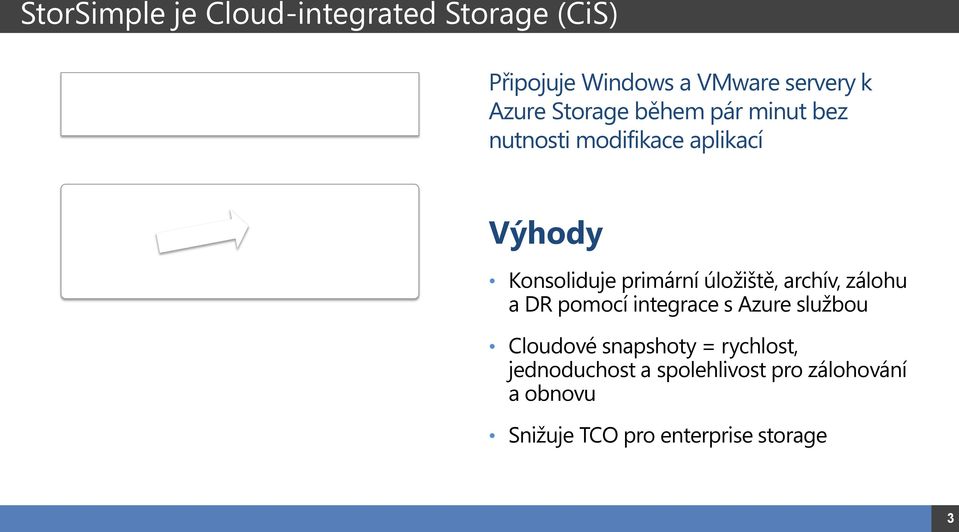 Storage Neaktiví data + záložní kopie v cloudu Výhody Konsoliduje primární úložiště, archív, zálohu a DR pomocí integrace s