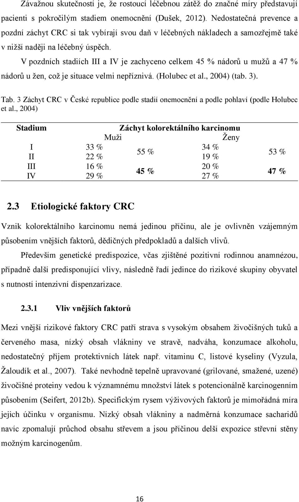 V pozdních stadiích III a IV je zachyceno celkem 45 % nádorů u mužů a 47 % nádorů u žen, což je situace velmi nepříznivá. (Holubec et al., 2004) (tab. 3). Tab.