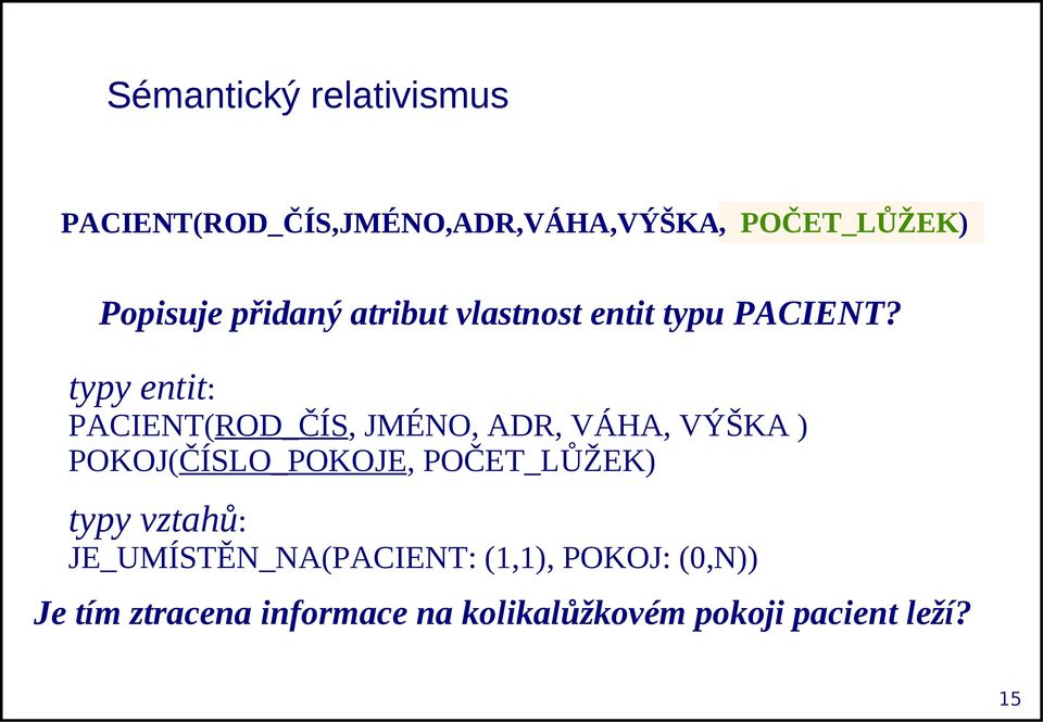 typy entit: PACIENT(ROD_ČÍS, JMÉNO, ADR, VÁHA, VÝŠKA ) POKOJ(ČÍSLO_POKOJE,