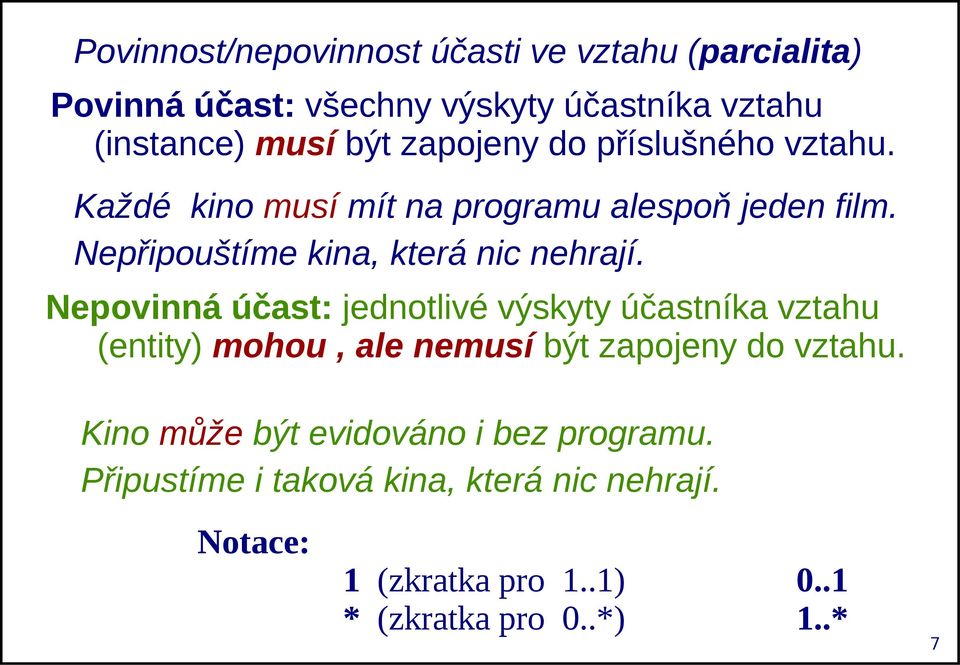 Nepovinná účast: jednotlivé výskyty účastníka vztahu (entity) mohou, ale nemusí být zapojeny do vztahu.