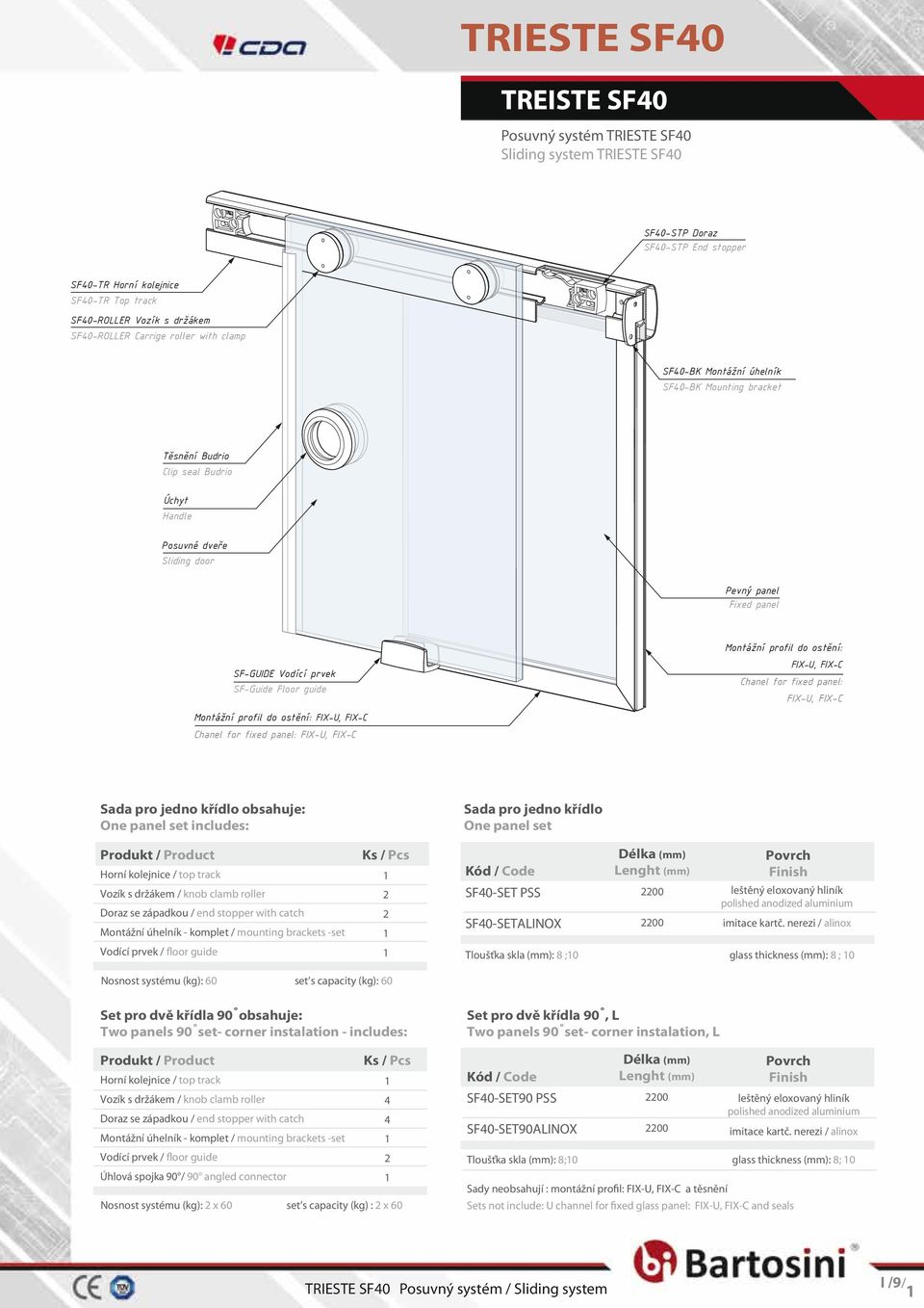 Montážní profil do ostění: Chanel for fixed panel: Montážní profil do ostění: Chanel for fixed panel: Sada pro jedno křídlo obsahuje: One panel set includes: Produkt / Product Horní kolejnice / top