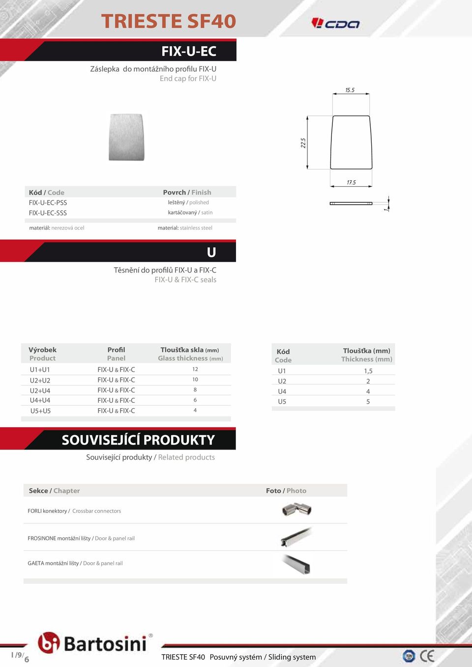 FIX-C FIX-U & FIX-C FIX-U & FIX-C FIX-U & FIX-C FIX-U & FIX-C Tloušťka skla (mm) Glass thickness (mm) 2 0 8 6 4 Kód Code U U2 U4 U5 Tloušťka (mm) Thickness (mm),5 2 4 5