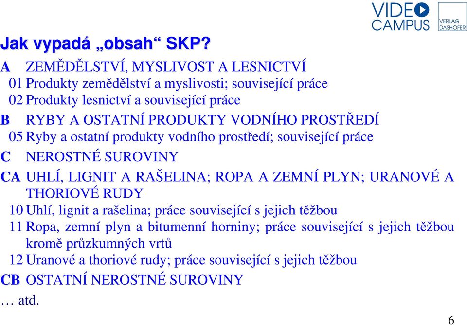 PRODUKTY VODNÍHO PROSTŘEDÍ 05 Ryby a ostatní produkty vodního prostředí; související práce C NEROSTNÉ SUROVINY CA UHLÍ, LIGNIT A RAŠELINA; ROPA A ZEMNÍ