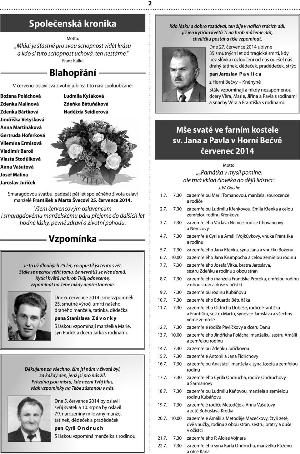 Ermisová Vladimír Baroš Vlasta Stodůlková Anna Vašutová Josef Malina Jaroslav Juříček Společenská kronika Ludmila Kyšáková Zdeňka Bětuňáková Naděžda Seidlerová Smaragdovou svatbu, padesát pět let