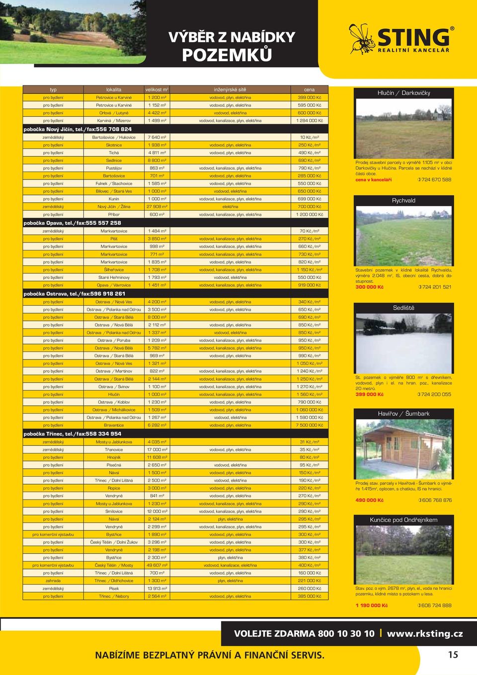 tel./fax:556 708 824 zemědělský Bartošovice / Hukovice 7 640 m² 10 Kč/m² pro bydlení Skotnice 1 938 m² vodovod, plyn, elektřina 250 Kč/m² pro bydlení Tichá 4 811 m² vodovod, plyn, elektřina 490 Kč/m²