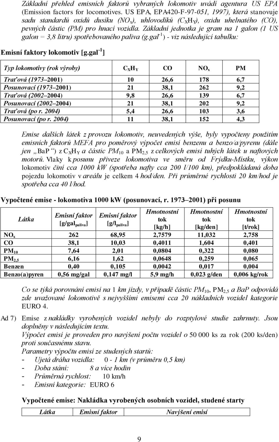 Základní jednotka je gram na 1 galon (1 US galon = 3,8 litru) spotřebovaného paliva (g.gal -1 ) - viz následující tabulku: Emisní faktory lokomotiv [g.