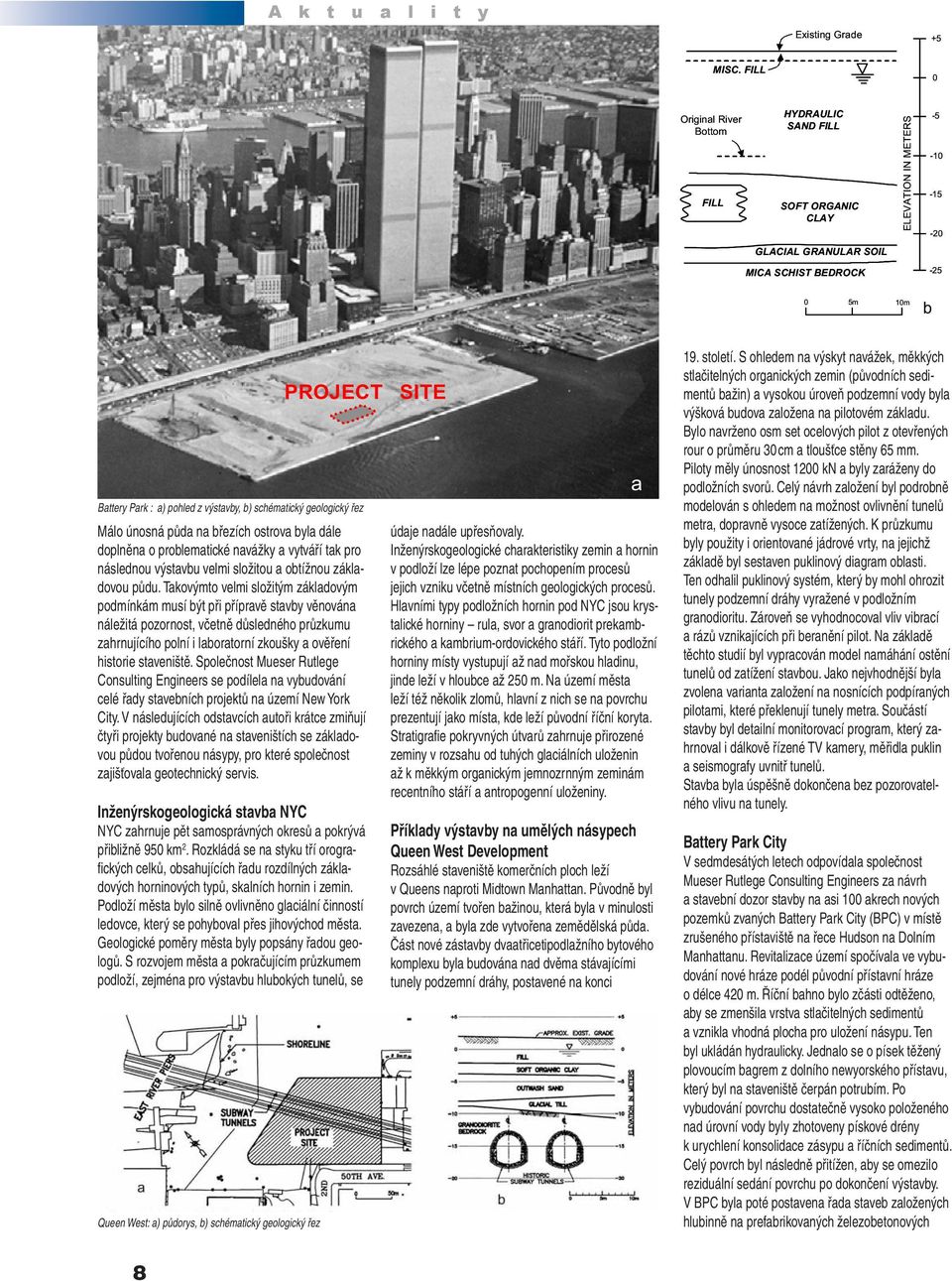 výstavby, b) schématický geologický řez Málo únosná půda na březích ostrova byla dále doplněna o problematické navážky a vytváří tak pro následnou výstavbu velmi složitou a obtížnou základovou půdu.