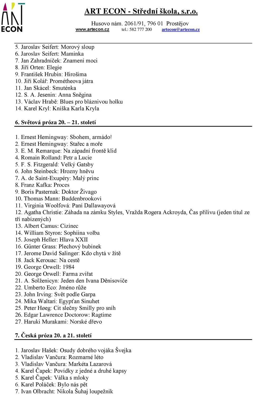 Ernest Hemingway: Sbohem, armádo! 2. Ernest Hemingway: Stařec a moře 3. E. M. Remarque: Na západní frontě klid 4. Romain Rolland: Petr a Lucie 5. F. S. Fitzgerald: Velký Gatsby 6.