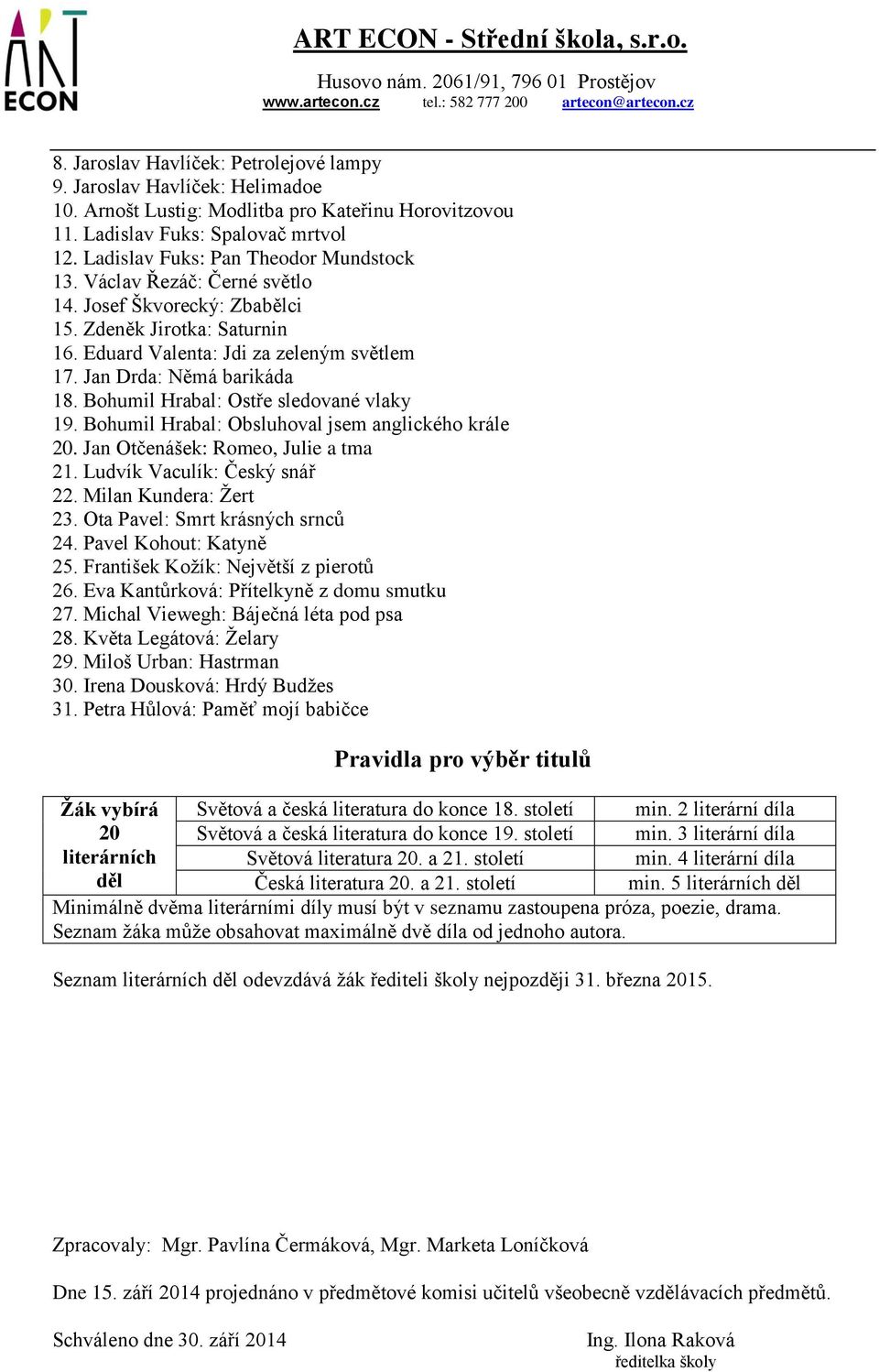 Jan Drda: Němá barikáda 18. Bohumil Hrabal: Ostře sledované vlaky 19. Bohumil Hrabal: Obsluhoval jsem anglického krále 20. Jan Otčenášek: Romeo, Julie a tma 21. Ludvík Vaculík: Český snář 22.