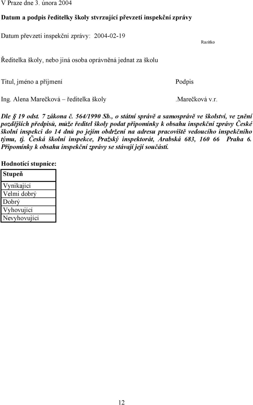 Titul, jméno a příjmení Ing. Alena Marečková ředitelka školy Podpis.Marečková v.r. Dle 19 odst. 7 zákona č. 564/1990 Sb.