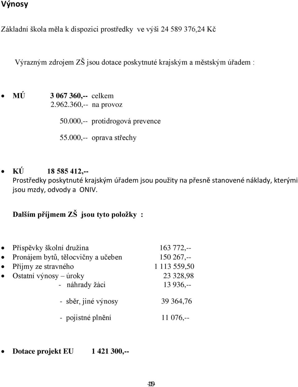 000,-- oprava střechy KÚ 18 585 412,-- Prostředky poskytnuté krajským úřadem jsou použity na přesně stanovené náklady, kterými jsou mzdy, odvody a ONIV.