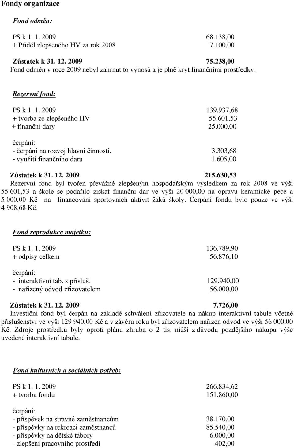 000,00 čerpání: - čerpání na rozvoj hlavní činnosti. 3.303,68 - využití finančního daru 1.605,00 Zůstatek k 31. 12. 2009 215.