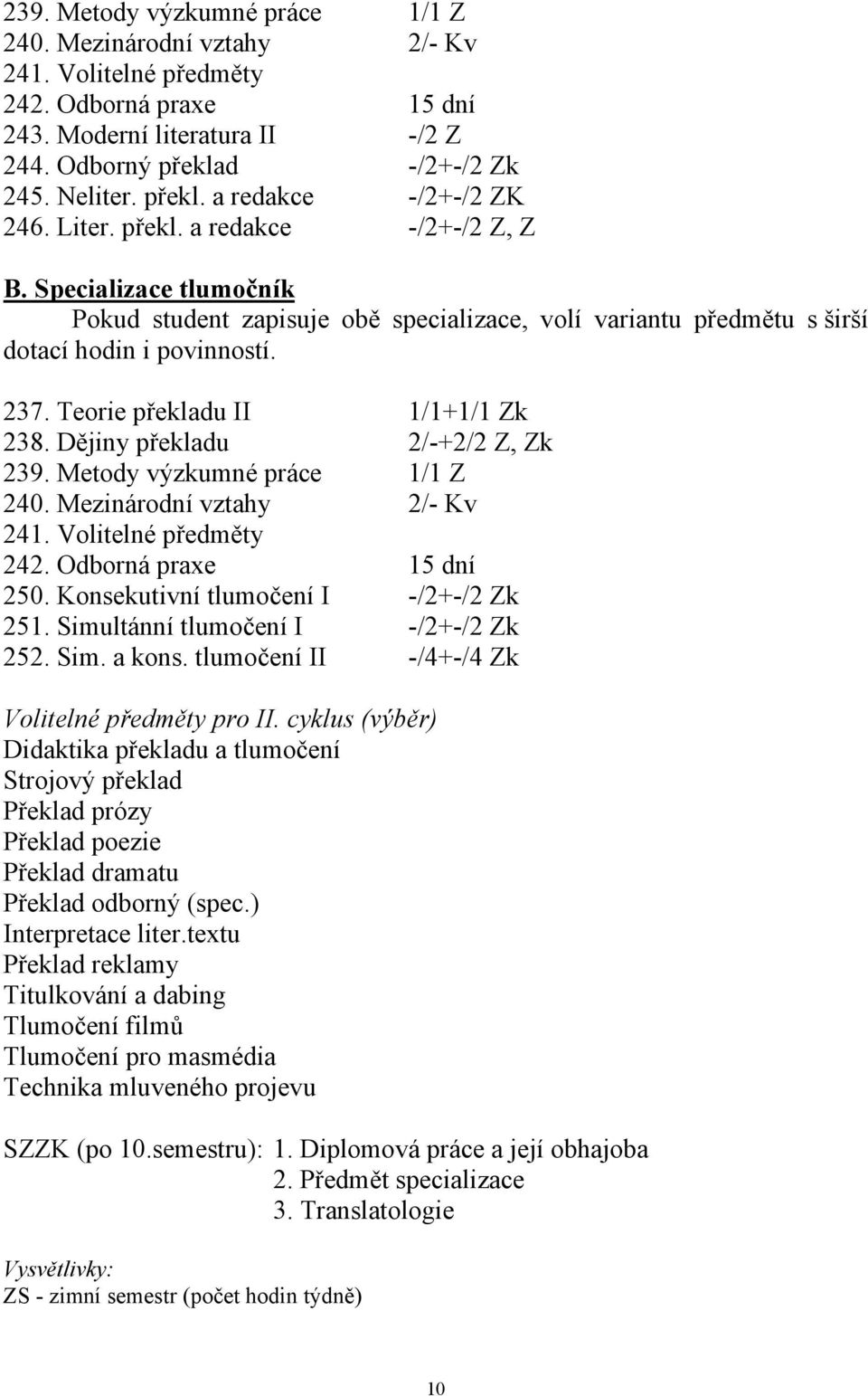 Teorie překladu II 1/1+1/1 Zk 238. Dějiny překladu 2/-+2/2 Z, Zk 239. Metody výzkumné práce 1/1 Z 240. Mezinárodní vztahy 2/- Kv 241. Volitelné předměty 242. Odborná praxe 15 dní 250.
