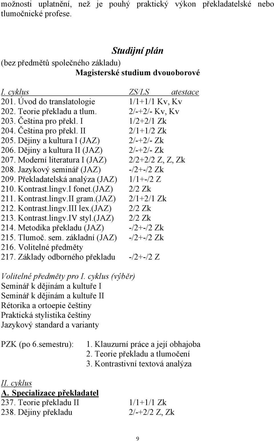 Dějiny a kultura I (JAZ) 2/-+2/- Zk 206. Dějiny a kultura II (JAZ) 2/-+2/- Zk 207. Moderní literatura I (JAZ) 2/2+2/2 Z, Z, Zk 208. Jazykový seminář (JAZ) -/2+-/2 Zk 209.